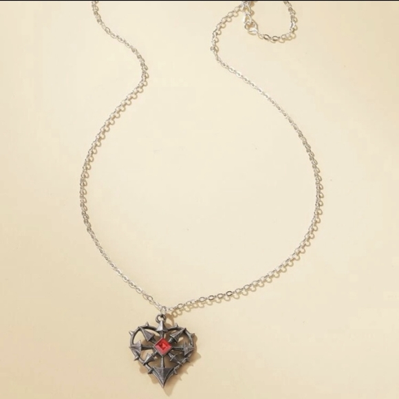 Spiked Heart Necklace with Bright Red Stone - Picture 5 of 5